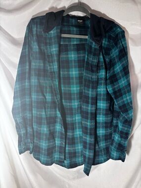 Oakley Teal and Black Plaid Hooded Flannel Shirt Jacket